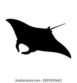 A striking black silhouette of a manta ray swimming gracefully, highlighting its distinctive shape and long tail against a plain background.
