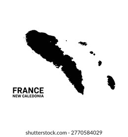 A striking black silhouette map of new caledonia with the country name france displayed below
