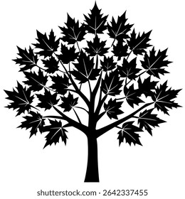A striking black silhouette of a maple tree illustration is presented, featuring detailed leaves and isolated against a clean white background.