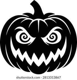 A striking black silhouette of a menacing jack-o'-lantern with swirling eyes and jagged teeth. Ideal for Halloween themed designs, spooky party invitations, or festive autumn graphics.