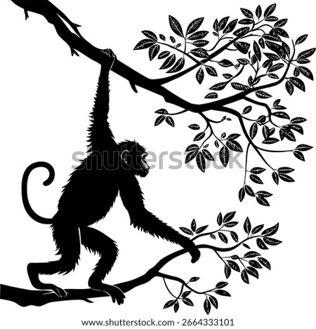 A striking black silhouette of a monkey gracefully hanging from a tree branch. This distinctive silhouette style is perfect for designs related to nature, wildlife, or playful themes.