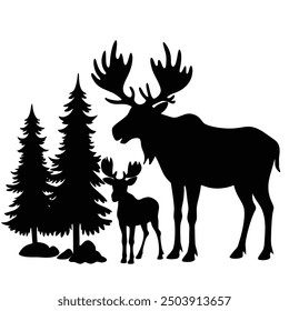 A striking black silhouette of a moose standing proudly beside its baby moose. 