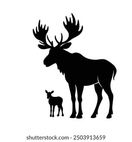 A striking black silhouette of a moose standing proudly beside its baby moose. 