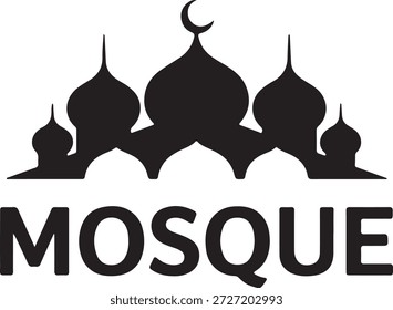 A striking black silhouette of a mosque, featuring prominent domes and minarets, with the word "MOSQUE" underneath on white.