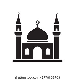 A striking black silhouette of a mosque featuring two tall minarets, a central dome with a crescent moon and star emblem, and arched entryways. The design is bold and minimalistic, emphasizing archite.