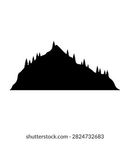 A striking black silhouette of a mountain with dense forested slopes and sharp peaks, emphasizing natural landscape and wilderness scenery.