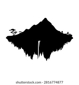 A striking black silhouette of a mountain landscape featuring trees and a water reflection, emphasizing natural beauty and tranquility.