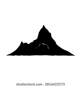 A striking black silhouette of a mountain peak with snow at the summit, set against a plain white background, emphasizing natural grandeur and elevation.