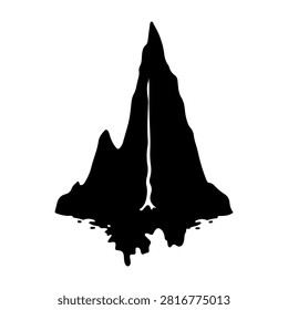 A striking black silhouette of a mountain peak reflected in calm water, emphasizing natural landscape and outdoor scenery.