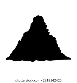 A striking black silhouette of a mountain peak with rugged, jagged edges against a white background, emphasizing natural geological formations.