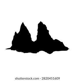 A striking black silhouette of mountain peaks with jagged ridges against a white background, emphasizing natural rugged terrain and alpine scenery.