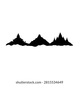 A striking black silhouette of a mountain range featuring multiple peaks and valleys, set against a plain white background.