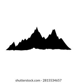 A striking black silhouette of a mountain range featuring prominent peaks and valleys, set against a plain white background.