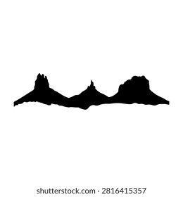 A striking black silhouette of a mountain range featuring prominent peaks and valleys, emphasizing natural landscape contours and rugged terrain.