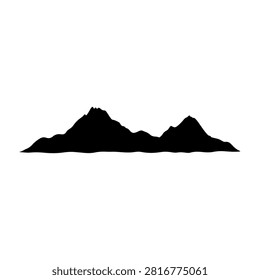 A striking black silhouette of a mountain range featuring prominent peaks and valleys, set against a plain white background.