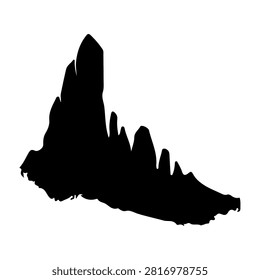 A striking black silhouette of a mountain range featuring jagged peaks and rugged terrain, emphasizing natural landscape and outdoor adventure themes.