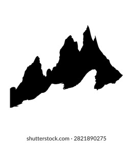 A striking black silhouette of a mountain range with jagged peaks against a plain white background, emphasizing natural ruggedness and elevation.