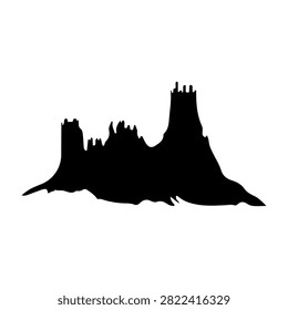 A striking black silhouette of a mountain range featuring prominent peaks and rugged terrain, emphasizing natural landscape contours.