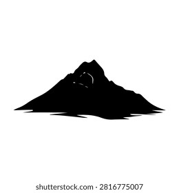 A striking black silhouette of a mountain with rugged peaks and sloping sides, emphasizing natural geological formations and outdoor wilderness scenery.