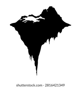A striking black silhouette of a mountain with sharp peaks and snow caps, emphasizing rugged terrain and natural landscape features.