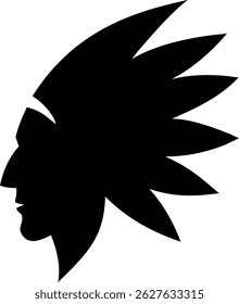 Striking black silhouette of a Native American head in profile. The design features a feathered headdress, embodying cultural heritage and minimalist aesthetic, ideal for various projects.