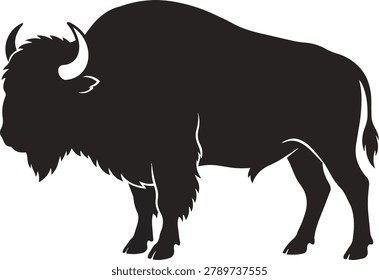 A striking black silhouette of a powerful bison, showcasing its iconic hump and horns against a plain background.