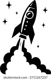 A striking black silhouette of a rocket taking off, surrounded by stars and smoke trails, symbolizing innovation, space travel, and new beginnings.
