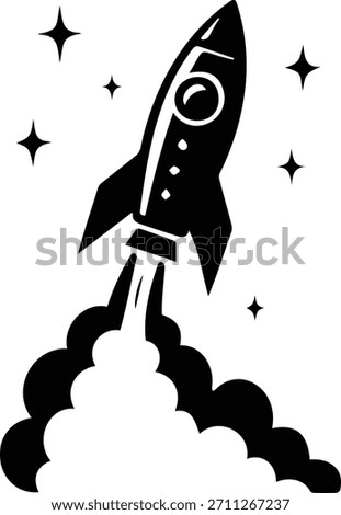 A striking black silhouette of a rocket taking off, surrounded by stars and smoke trails, symbolizing innovation, space travel, and new beginnings.
