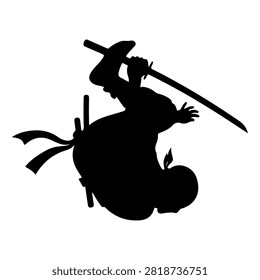 A striking black silhouette of a samurai warrior wielding a katana in a dynamic pose, emphasizing strength and agility in traditional armor.
