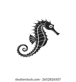 A striking black silhouette of a seahorse against a clean white background. This stylized illustration features intricate details and a distinctive silhouette style, perfect for aquatic themes.