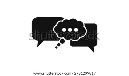 A striking black silhouette of a speech bubble with dots exemplifies a clean, modern communication style.