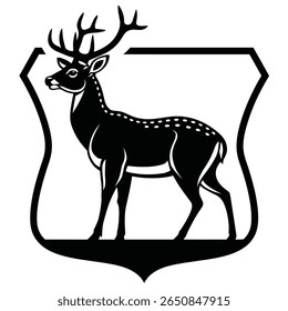 A striking black silhouette of a stag with prominent antlers, elegantly framed within a decorative border. This artistic illustration captures the grace and beauty of wildlife, making it perfect.