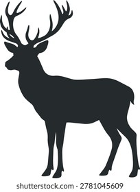 A striking black silhouette of a stag, showcasing its impressive antlers and graceful form against a white background.