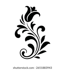 Uma silhueta preta impressionante de um elemento floral estilizado, apresentando um botão central com pétalas desfraldadas e fluindo, redemoinhos decorativos e folhas.