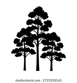 A striking black silhouette of three pine trees, with their distinctive needle-like foliage and rugged bark textures, stands out against a stark white background. The central tree is the tallest and appears to be the oldest, with a thick trunk and widespread branches. To its left and right, two smaller trees are positioned, creating a visually balanced composition. The detailed rendering of the branches and the clustered foliage gives the silhouette a sense of depth and organic form. This image evokes a sense of nature, simplicity, and the enduring beauty of trees.