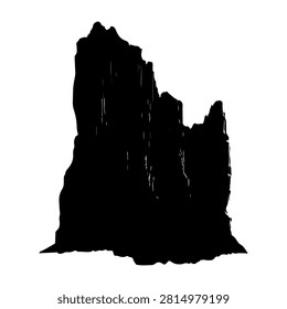 A striking black silhouette of a towering mountain peak against a plain background, emphasizing its rugged and dramatic features.