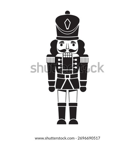 A striking black silhouette of a traditional nutcracker soldier, featuring a tall hat, detailed uniform, and a stern expression, perfect for festive designs.