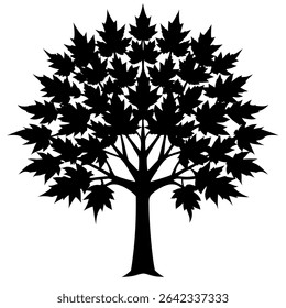 A striking black silhouette of a tree with vibrant maple leaves is isolated on a clean white background.