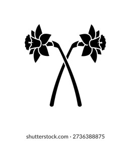 A striking black silhouette of two daffodils with crossed stems, symbolizing spring and new beginnings.