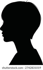 Striking black silhouette vector graphic illustration depicts a female profile outline featuring short stylish hair against a stark white background for design projects.