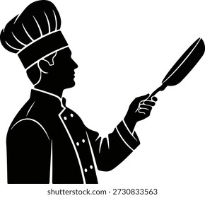Auffällige schwarze Silhouette Vektorgrafik eines professionellen Kochs mit einem Tuch und Uniform, die eine Pfanne oder Skilette hält. Ideales Grafikdesign, Logo oder Icon für Küche, Gastronomie, gutes Essen, Küchenpersonal oder Catering. Einzeln auf weißem Hintergrund.