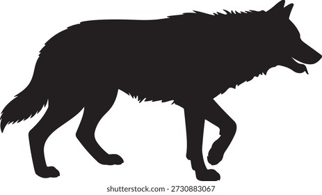 Sorprendente silueta negra de un lobo a media zancada, mostrando su poderosa forma y esencia salvaje en un campo blanco limpio.