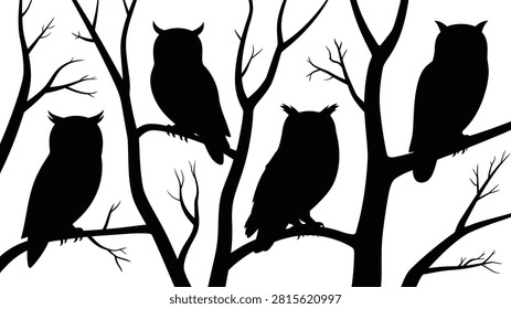 Striking black silhouettes of several owls sitting on intricate tree branches, evoking a sense of mystery and nighttime wilderness.