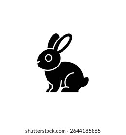 A striking black, stylized rabbit icon sits against a stark white background. The rabbit is shown with large ears, compact body, and distinct features.