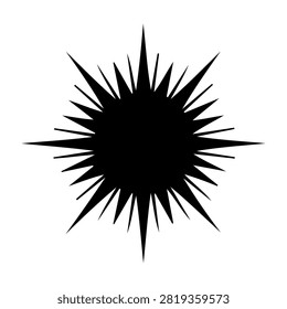 A striking black sunburst pattern featuring sharp, pointed rays radiating from a central circle, creating a bold and dynamic visual effect.