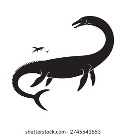Striking black vector graphic illustrates a large long-necked plesiosaur swimming with two smaller marine reptiles creating a bold prehistoric design perfect for educational materials or historical concepts.