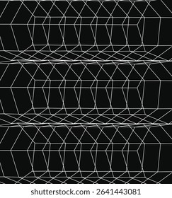 A striking black and white abstract background featuring a repeating wireframe pattern of connected boxes or cubes