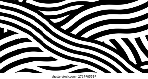 Un llamativo fondo abstracto en blanco y negro con un patrón dinámico de líneas onduladas y fluidas que se cruzan y se superponen, creando un Diseño gráfico visualmente atractivo y moderno.