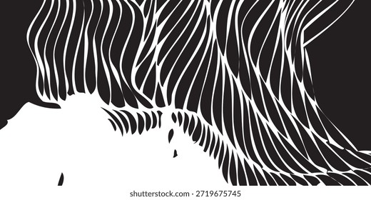 Un llamativo diseño abstracto en blanco y negro con líneas fluidas y onduladas que crean una sensación de movimiento y profundidad.