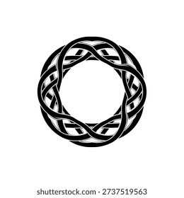 A striking black and white abstract design featuring an intricate Celtic knot forming a circular pattern. This geometric motif showcases complex interwoven rings.